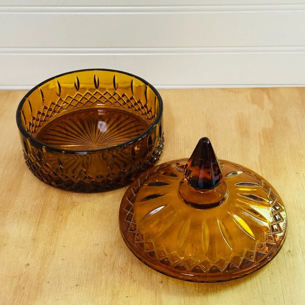 Indiana Glass Amber Pressed Glass Covered Candy Dish